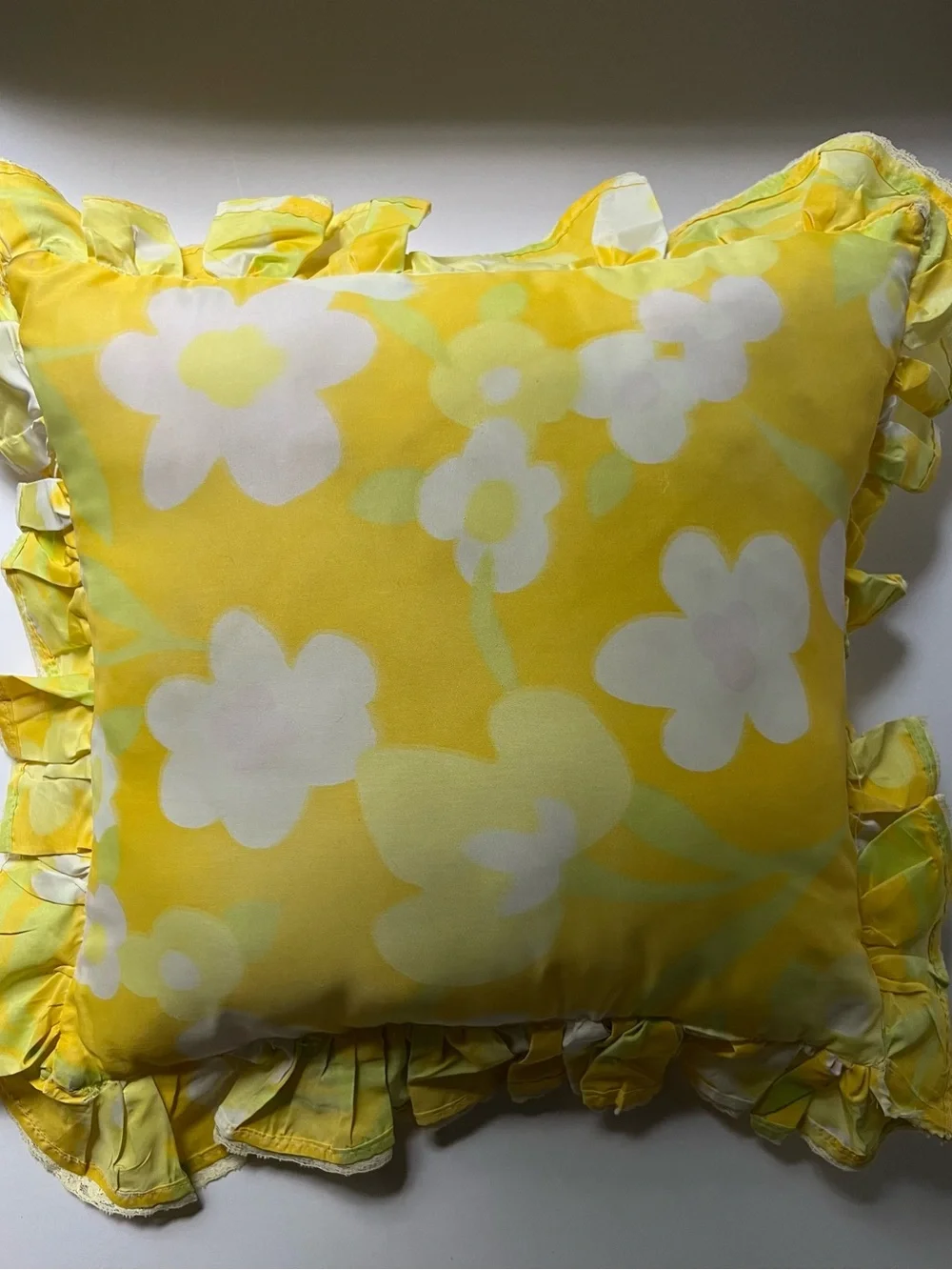Vintage set of twoYellow Tulip Quilted Pillows with Ruffle Trim